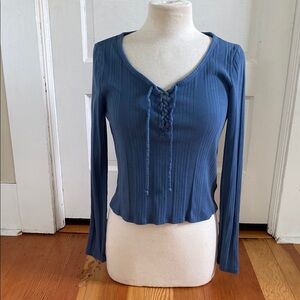 Lucky Brand Blue Ribbed Long Sleeve Stretch Knit Tie Front Top Medium‎
